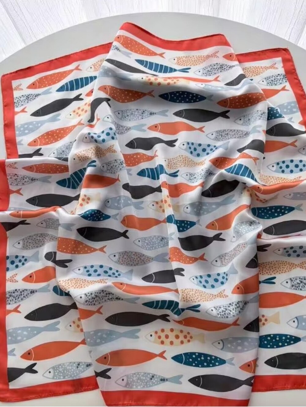Silk-feel Coral & Navy Fish Pattern Square Scarf - 70*70cm